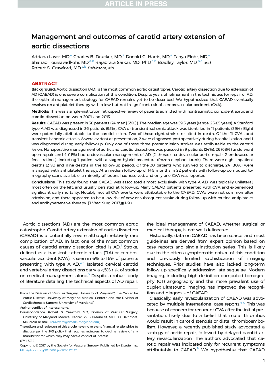 Management and outcomes of carotid artery extension of aortic dissections