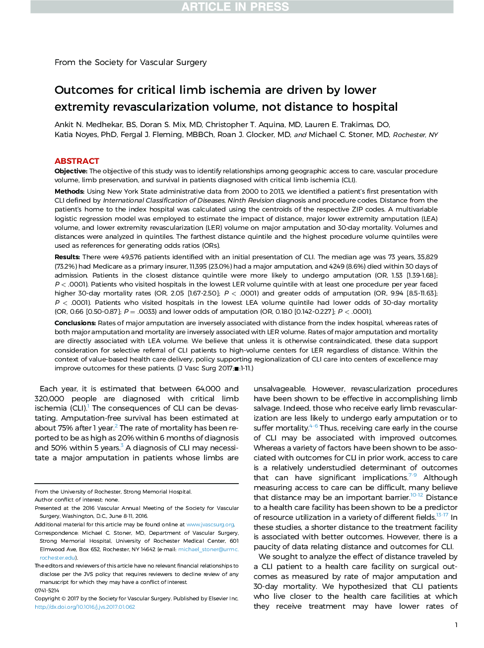 Outcomes for critical limb ischemia are driven by lower extremity revascularization volume, not distance to hospital