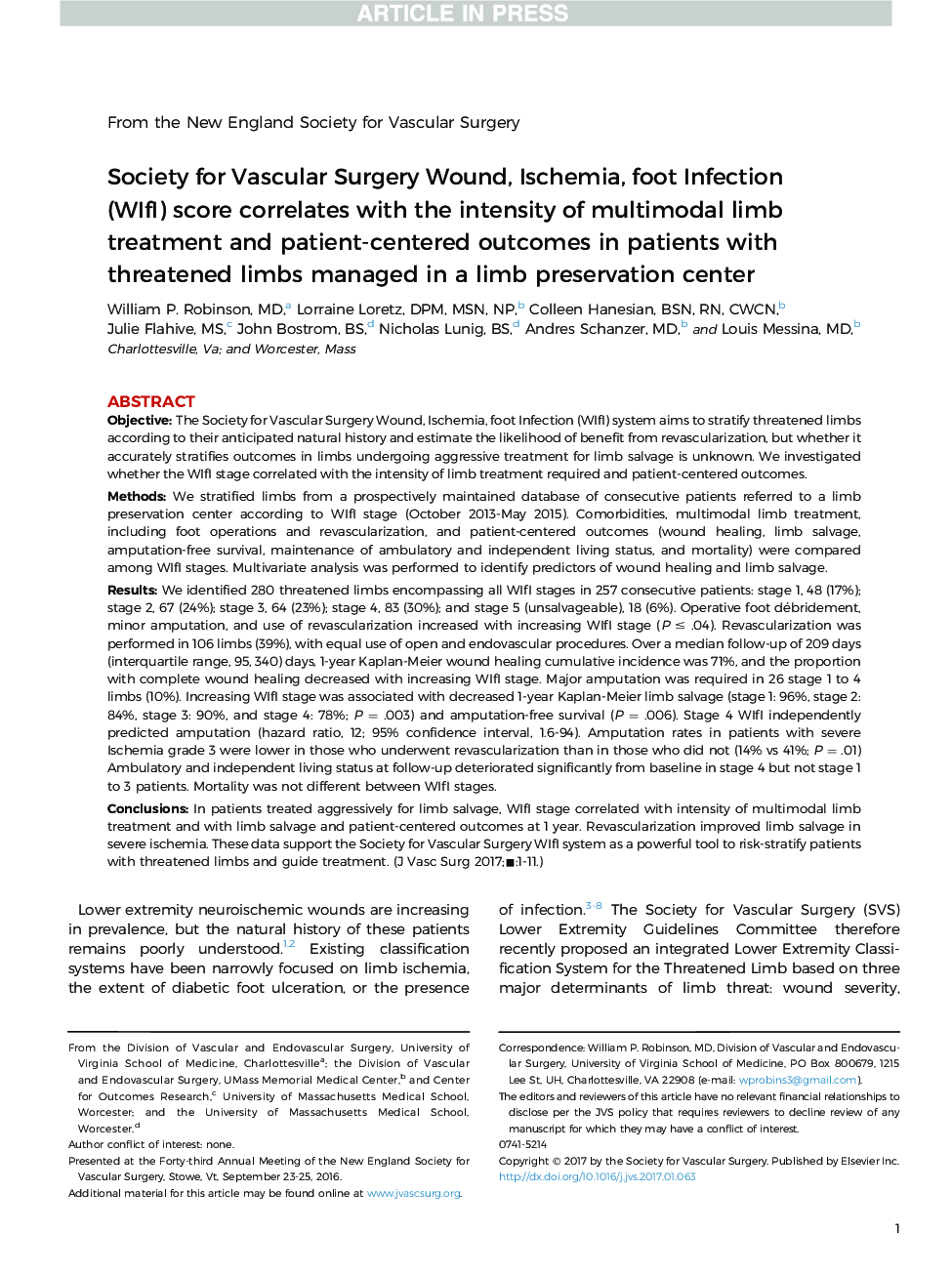 Society for Vascular Surgery Wound, Ischemia, foot Infection (WIfI) score correlates with the intensity of multimodal limb treatment and patient-centered outcomes in patients with threatened limbs managed in a limb preservation center