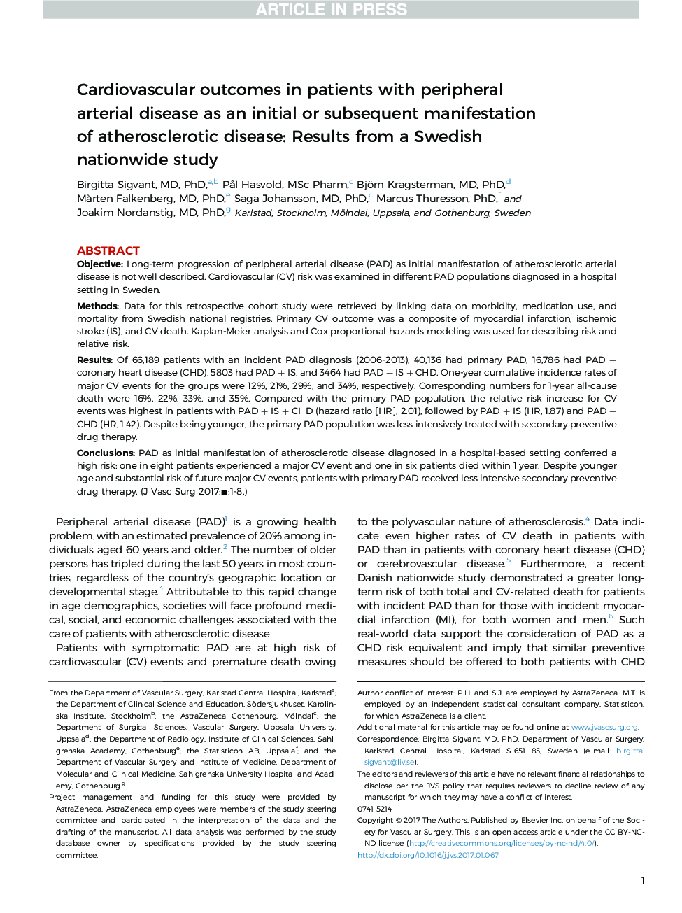 Cardiovascular outcomes in patients with peripheral arterial disease as an initial or subsequent manifestation ofÂ atherosclerotic disease: Results from a Swedish nationwide study