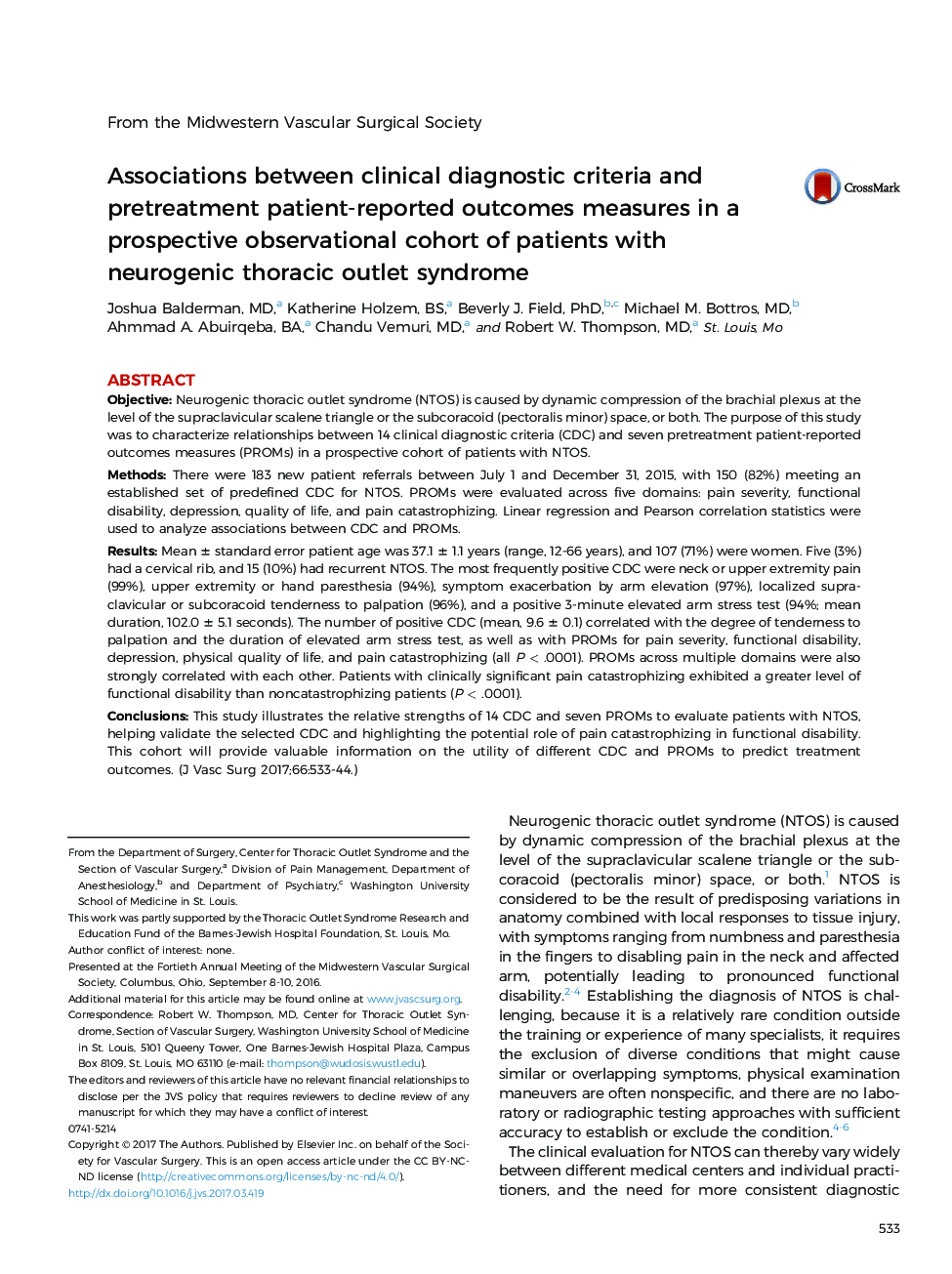Associations between clinical diagnostic criteria and pretreatment patient-reported outcomes measures in a prospective observational cohort of patients with neurogenic thoracic outlet syndrome