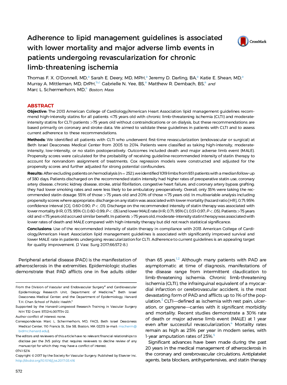 Adherence to lipid management guidelines is associated with lower mortality and major adverse limb events in patients undergoing revascularization for chronic limb-threatening ischemia