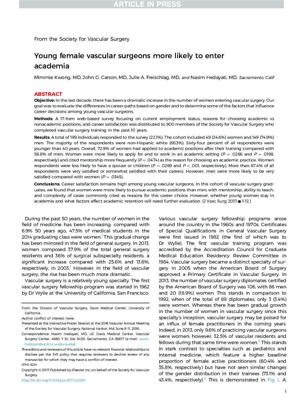 Young female vascular surgeons more likely to enter academia