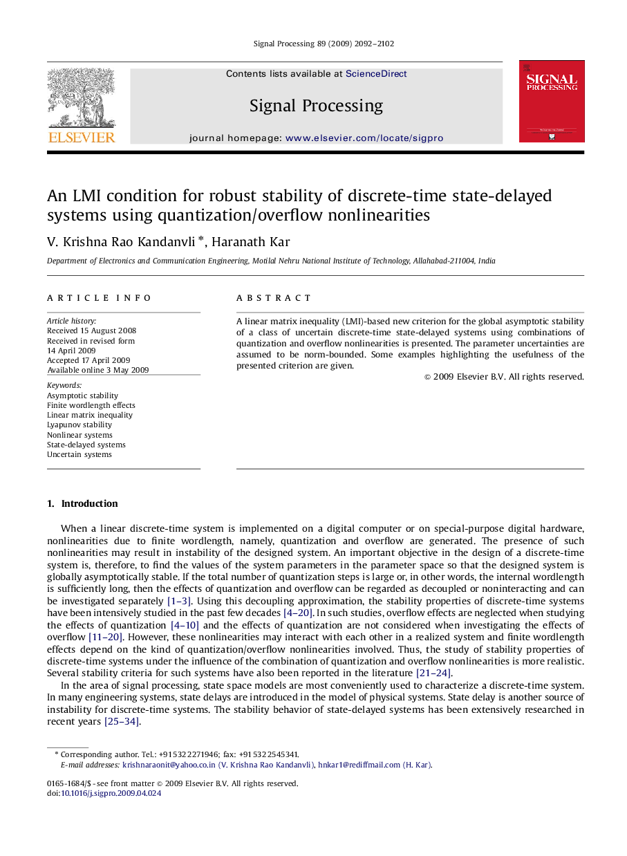 An LMI condition for robust stability of discrete-time state-delayed systems using quantization/overflow nonlinearities