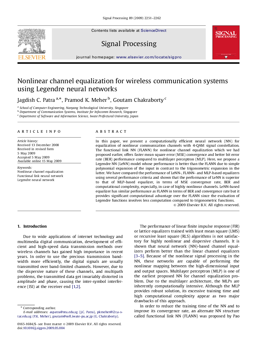 Nonlinear channel equalization for wireless communication systems using Legendre neural networks