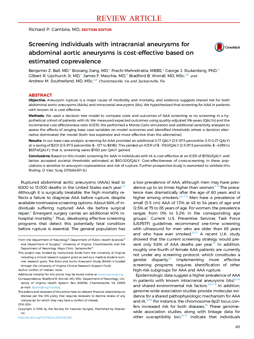 Screening individuals with intracranial aneurysms for abdominal aortic aneurysms is cost-effective based on estimated coprevalence