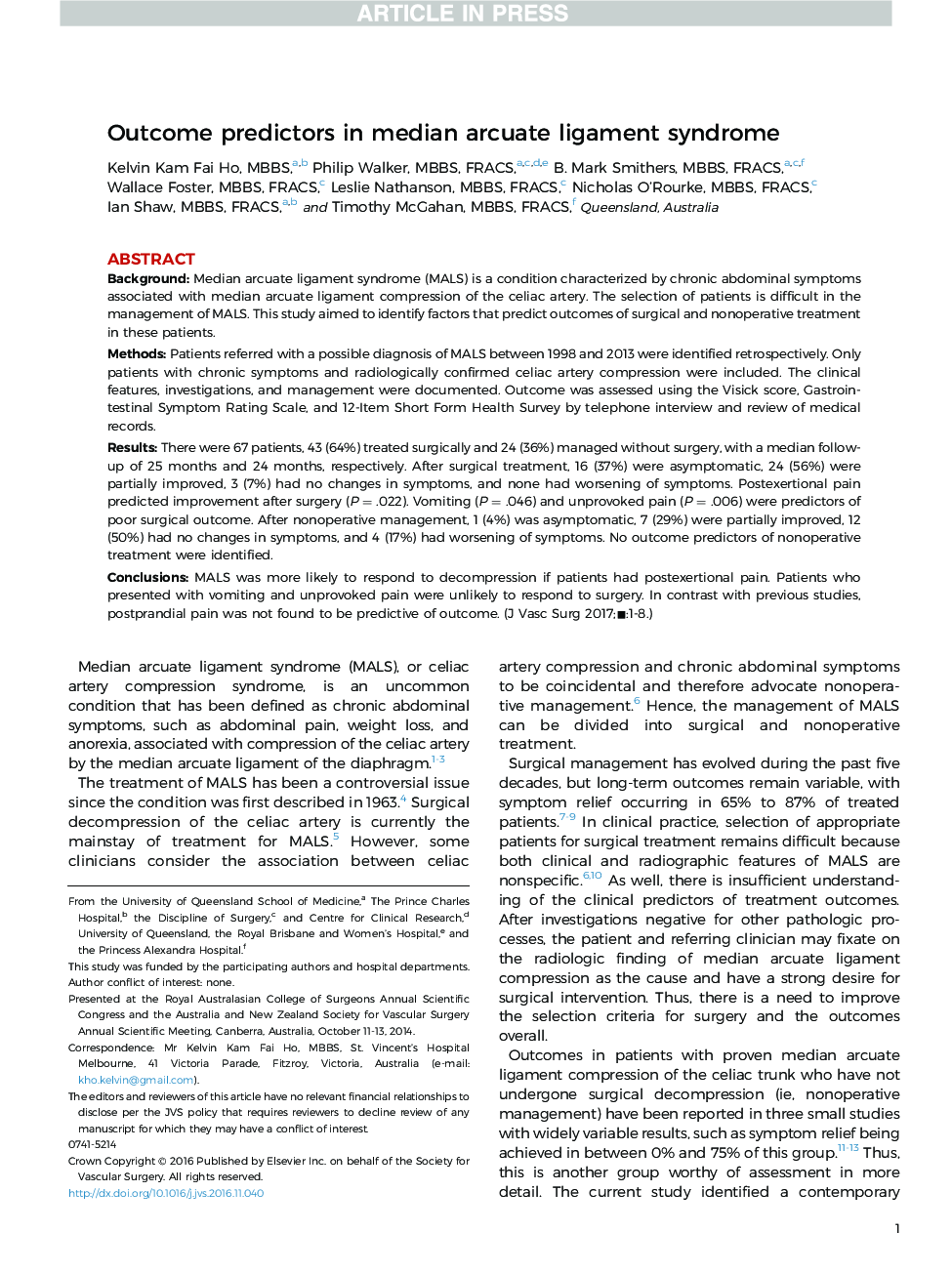 Outcome predictors in median arcuate ligament syndrome