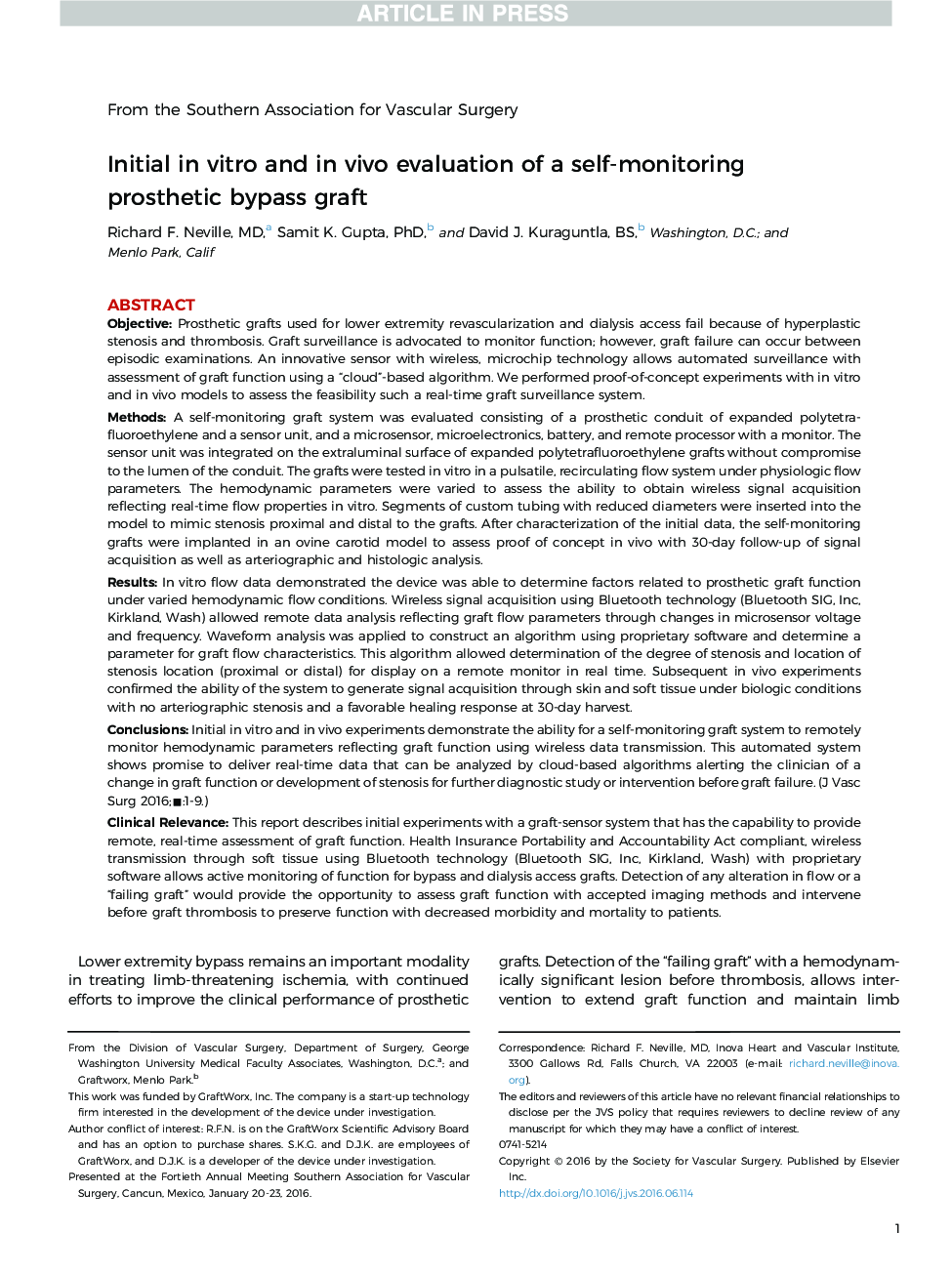 عکس صفحه اول مقاله: Initial in vitro and in vivo evaluation of a self-monitoring prosthetic bypass graft Initial in vitro and in vivo evaluation of a self-monitoring prosthetic bypass graft