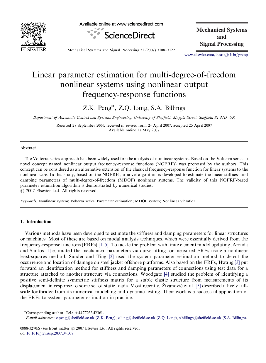 Linear parameter estimation for multi-degree-of-freedom nonlinear systems using nonlinear output frequency-response functions