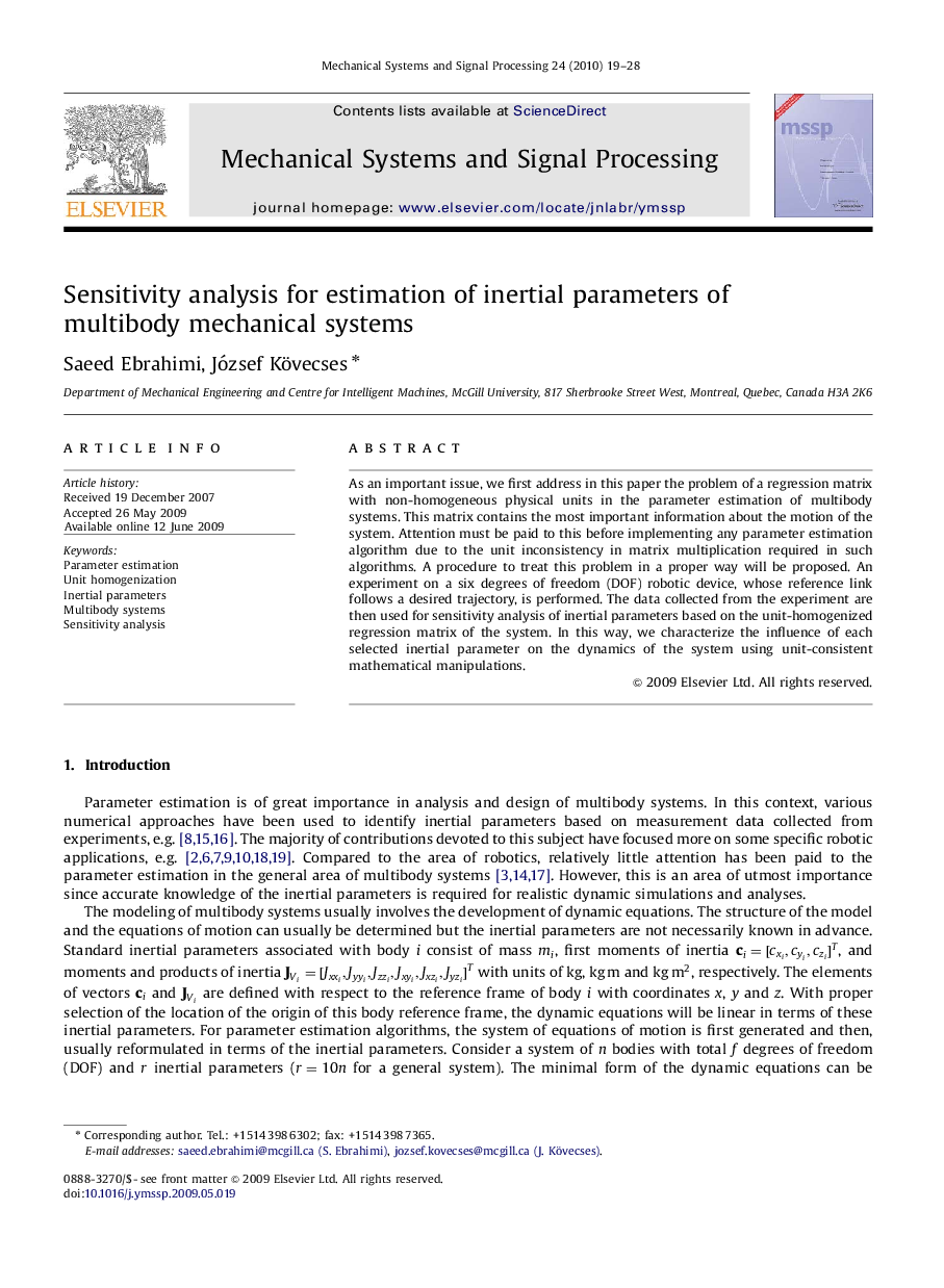 Sensitivity analysis for estimation of inertial parameters of multibody mechanical systems