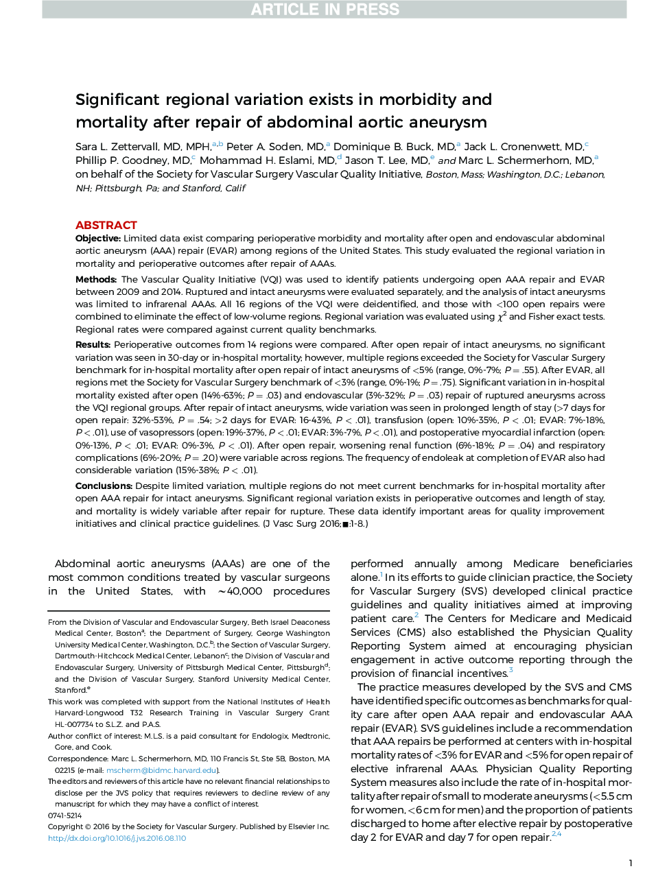 Significant regional variation exists in morbidity and mortality after repair of abdominal aortic aneurysm