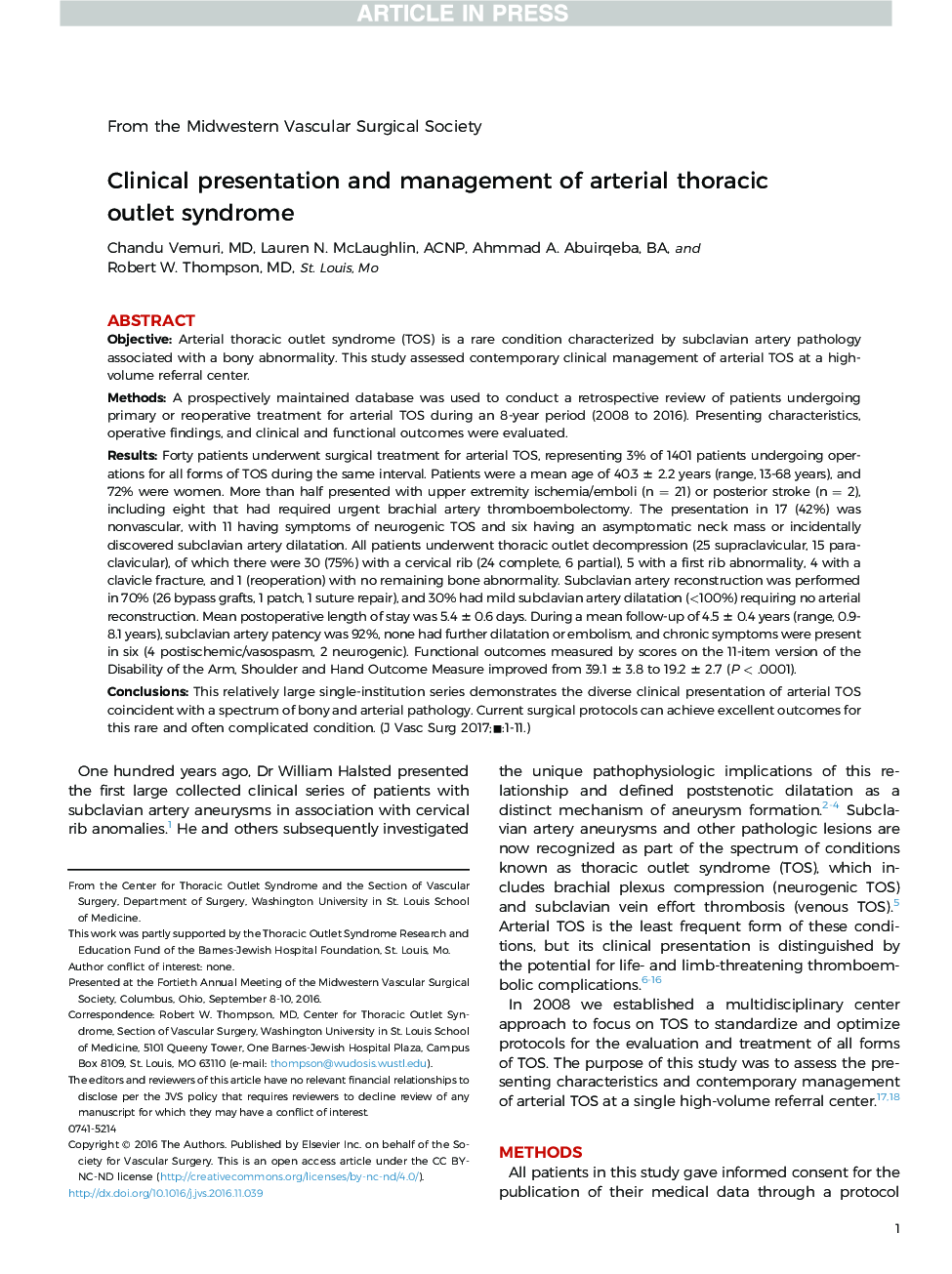 Clinical presentation and management of arterial thoracic outlet syndrome