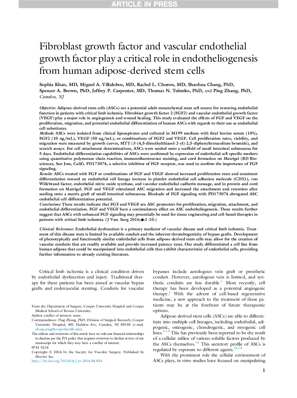 Fibroblast growth factor and vascular endothelial growth factor play a critical role in endotheliogenesis from human adipose-derived stem cells