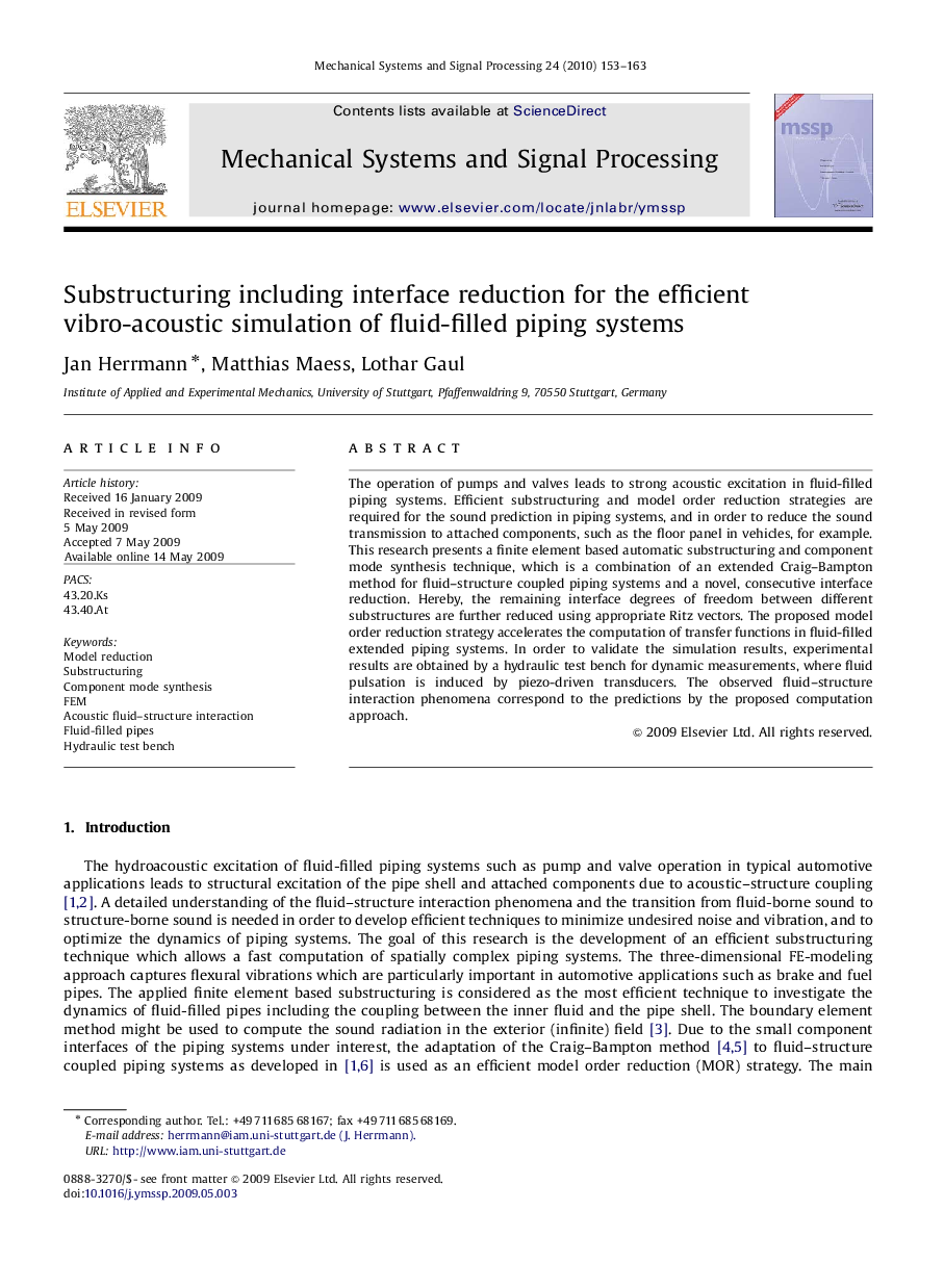 Substructuring including interface reduction for the efficient vibro-acoustic simulation of fluid-filled piping systems