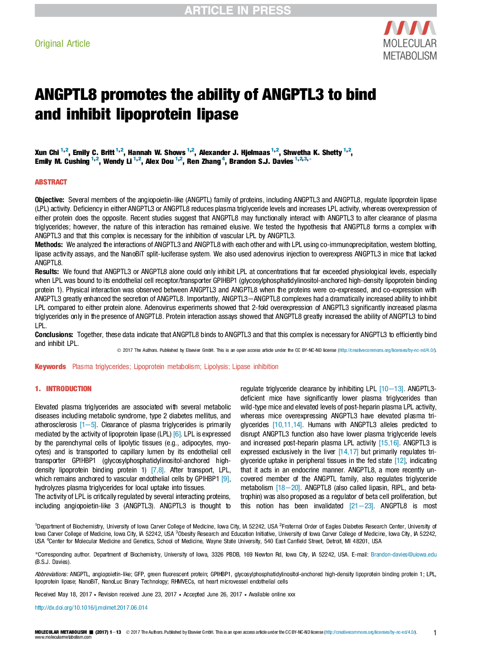 ANGPTL8 promotes the ability of ANGPTL3 to bind and inhibit lipoprotein lipase