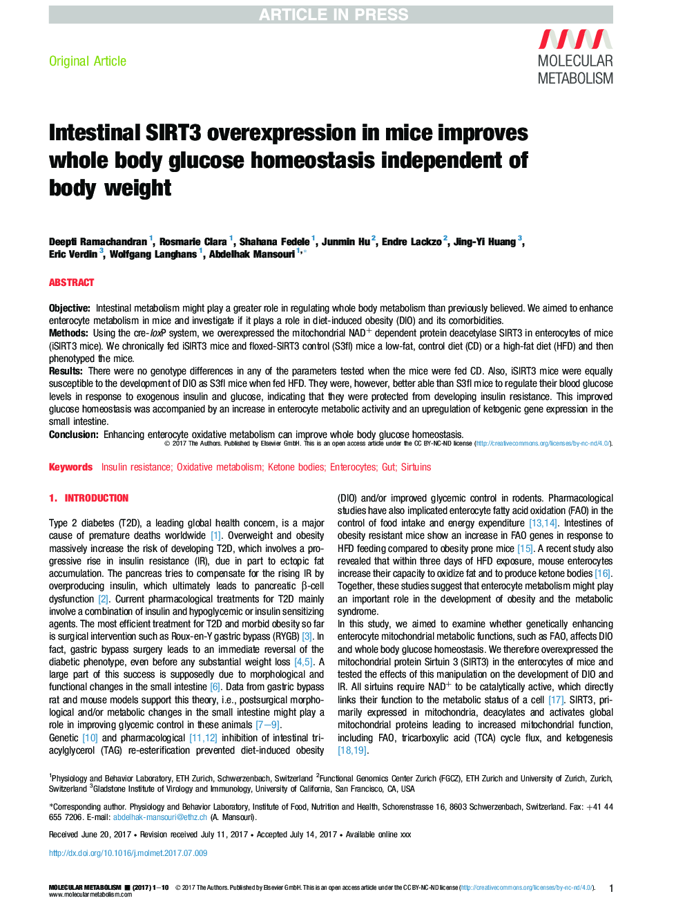 Intestinal SIRT3 overexpression in mice improves whole body glucose homeostasis independent of body weight