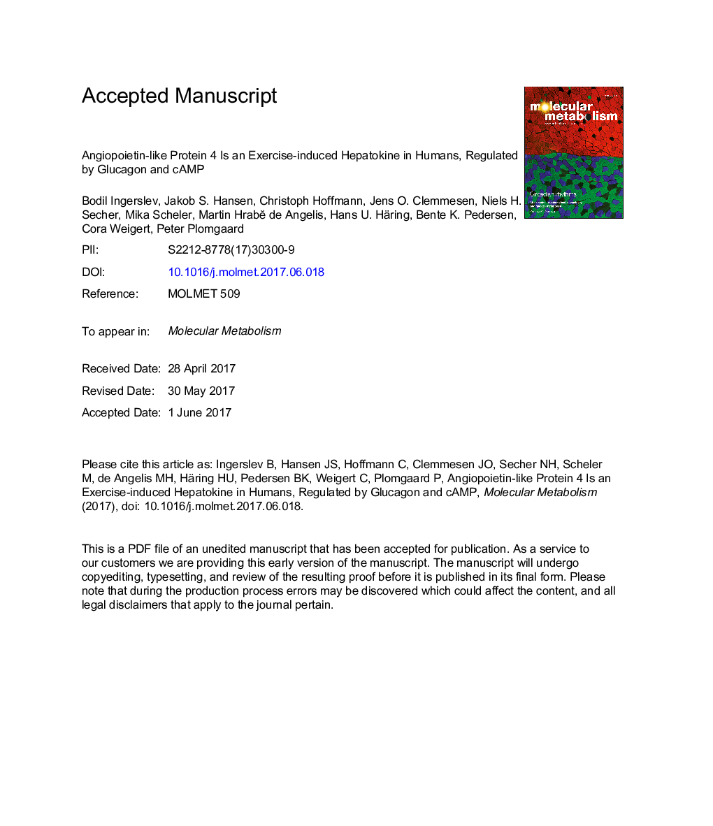 Angiopoietin-like protein 4 is an exercise-induced hepatokine in humans, regulated by glucagon and cAMP