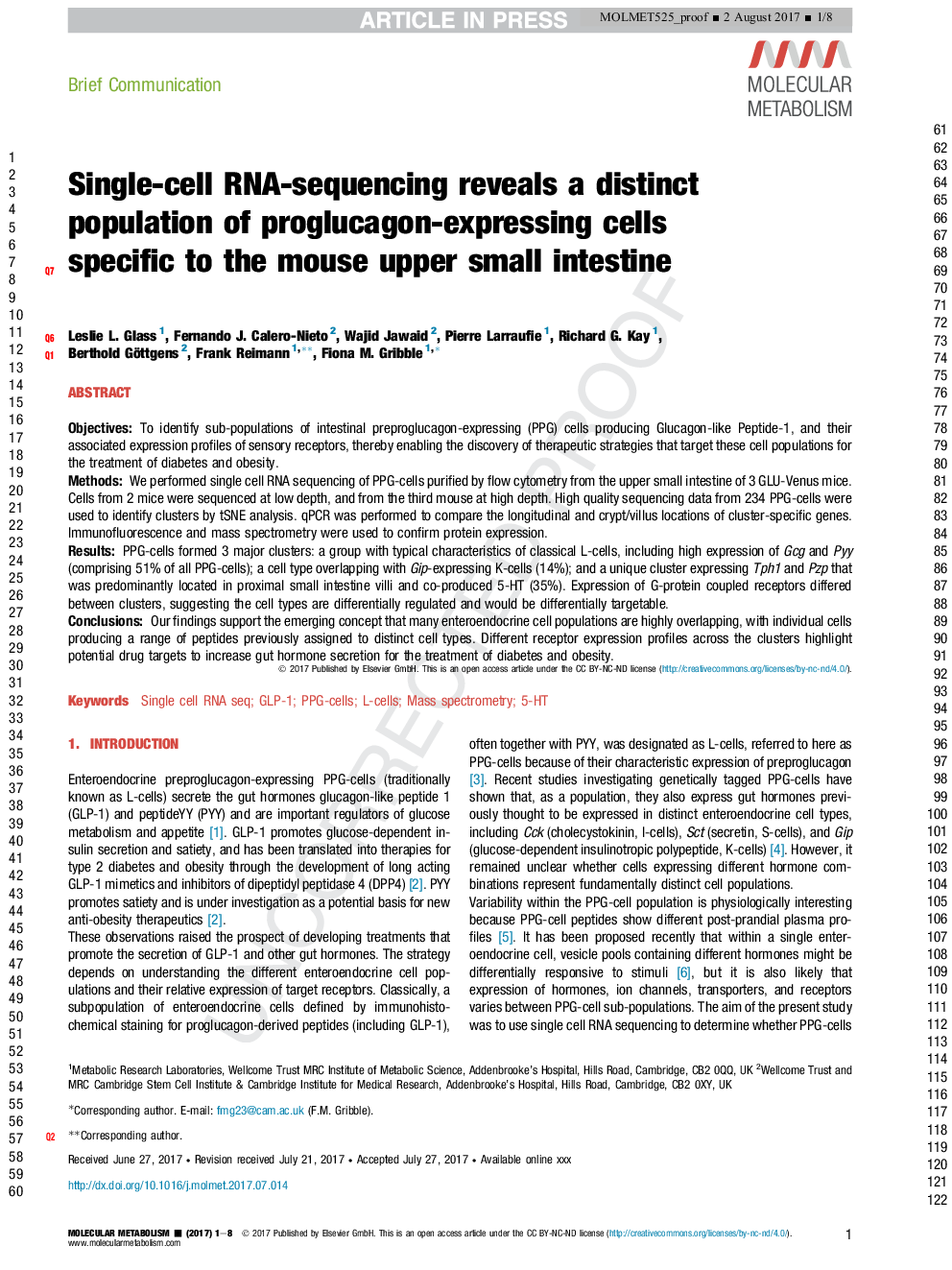 Single-cell RNA-sequencing reveals a distinct population of proglucagon-expressing cells specific to the mouse upper small intestine