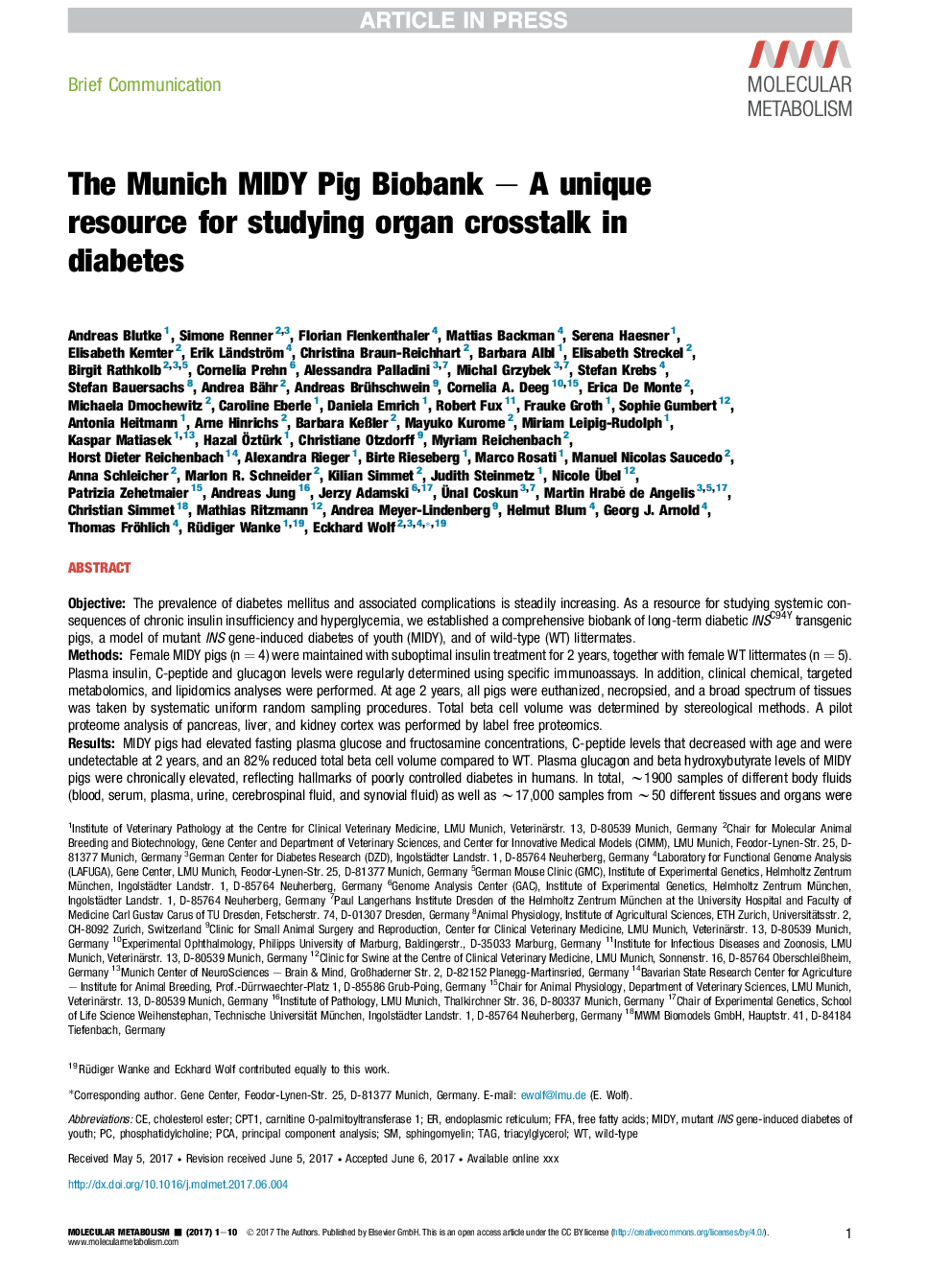 The Munich MIDY Pig Biobank - A unique resource for studying organ crosstalk in diabetes