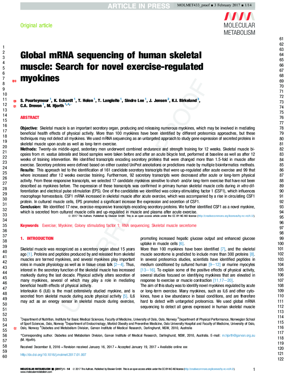 Global mRNA sequencing of human skeletal muscle: Search for novel exercise-regulated myokines