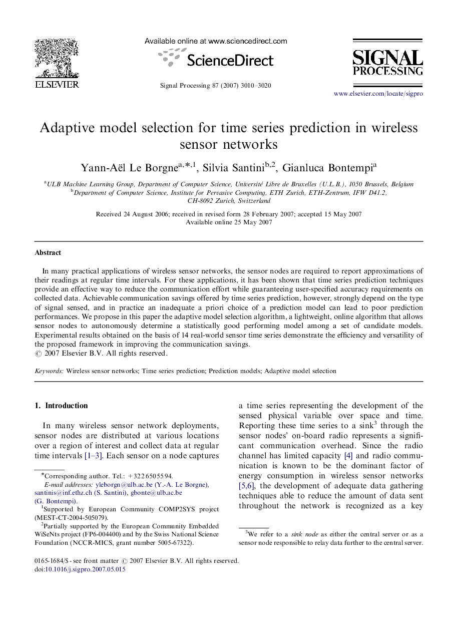 Adaptive model selection for time series prediction in wireless sensor networks