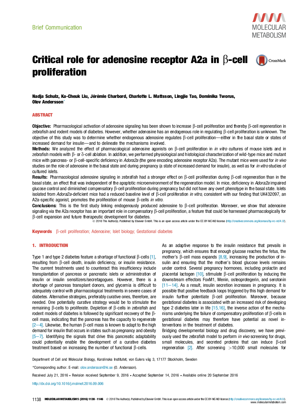 Critical role for adenosine receptor A2a in Î²-cell proliferation