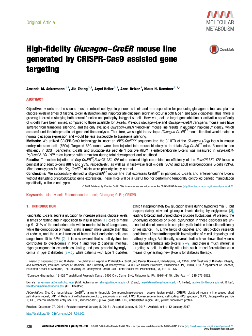 High-fidelity Glucagon-CreER mouse line generated by CRISPR-Cas9 assisted gene targeting