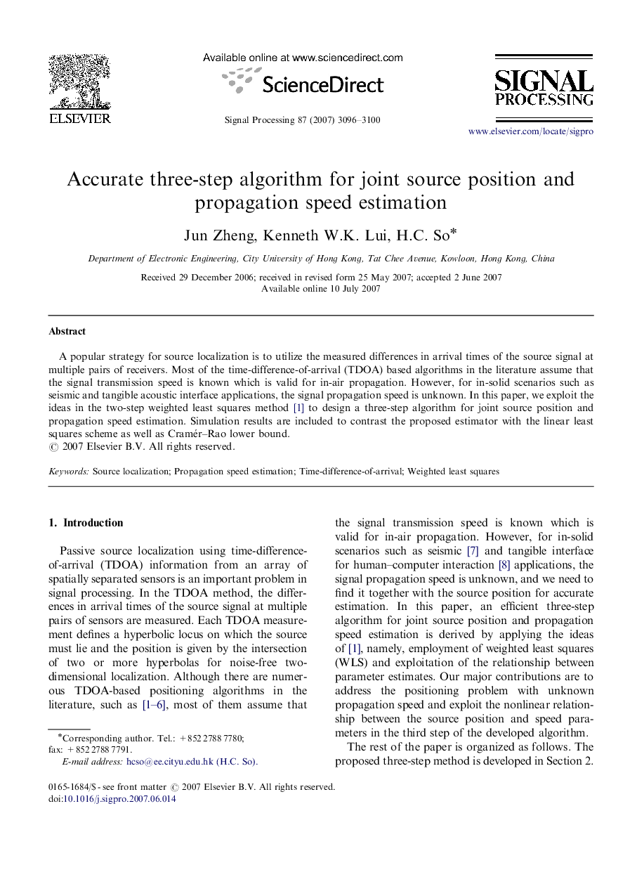 Accurate three-step algorithm for joint source position and propagation speed estimation