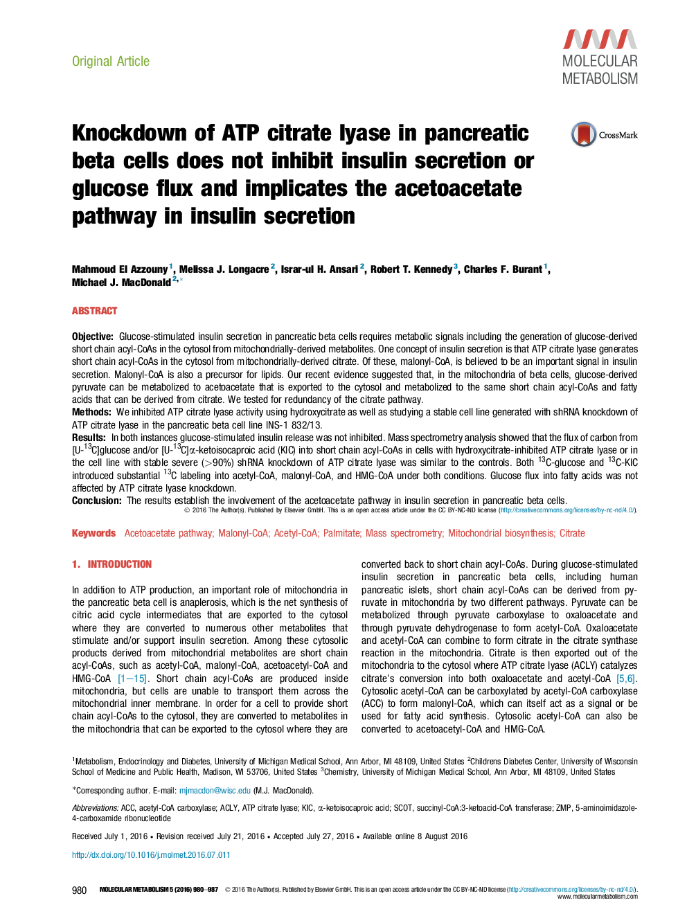 Knockdown of ATP citrate lyase in pancreatic beta cells does not inhibit insulin secretion or glucose flux and implicates the acetoacetate pathway in insulin secretion