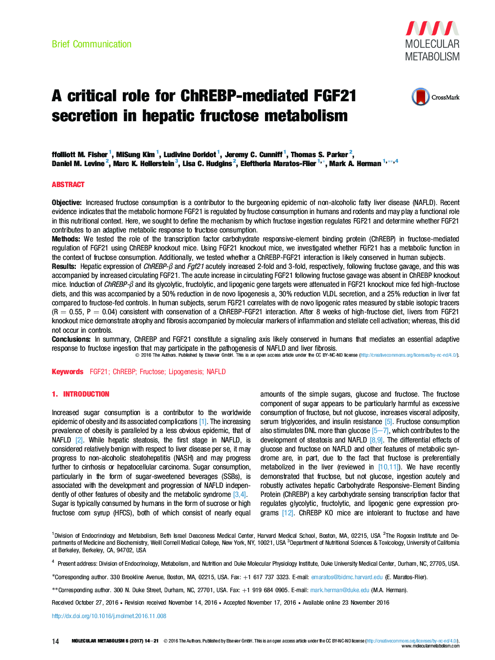A critical role for ChREBP-mediated FGF21 secretion in hepatic fructose metabolism