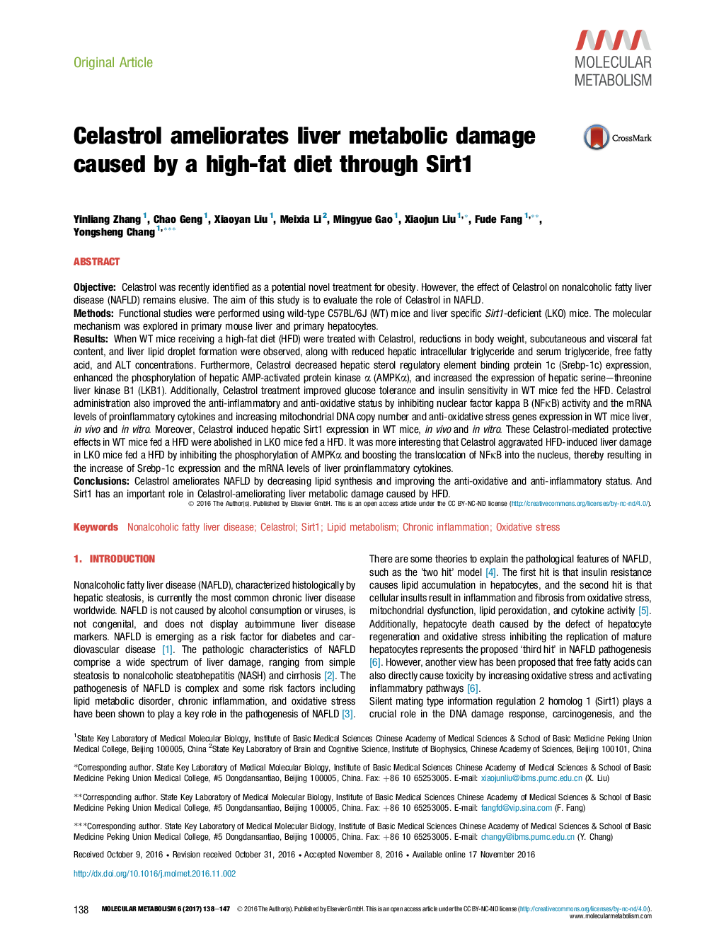 Original ArticleCelastrol ameliorates liver metabolic damage caused by a high-fat diet through Sirt1