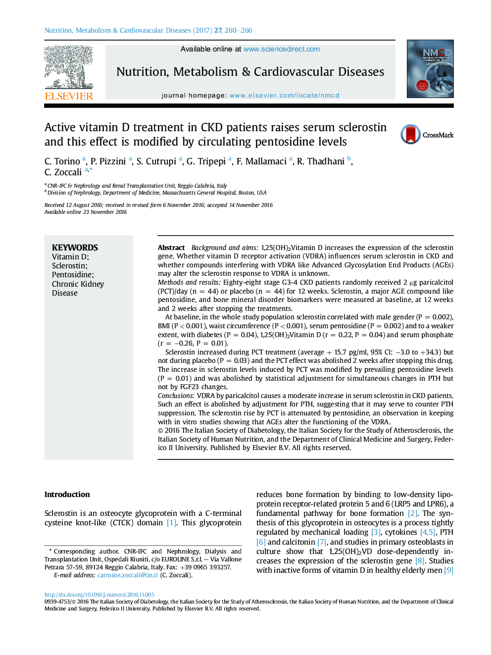 Active vitamin D treatment in CKD patients raises serum sclerostin and this effect is modified by circulating pentosidine levels