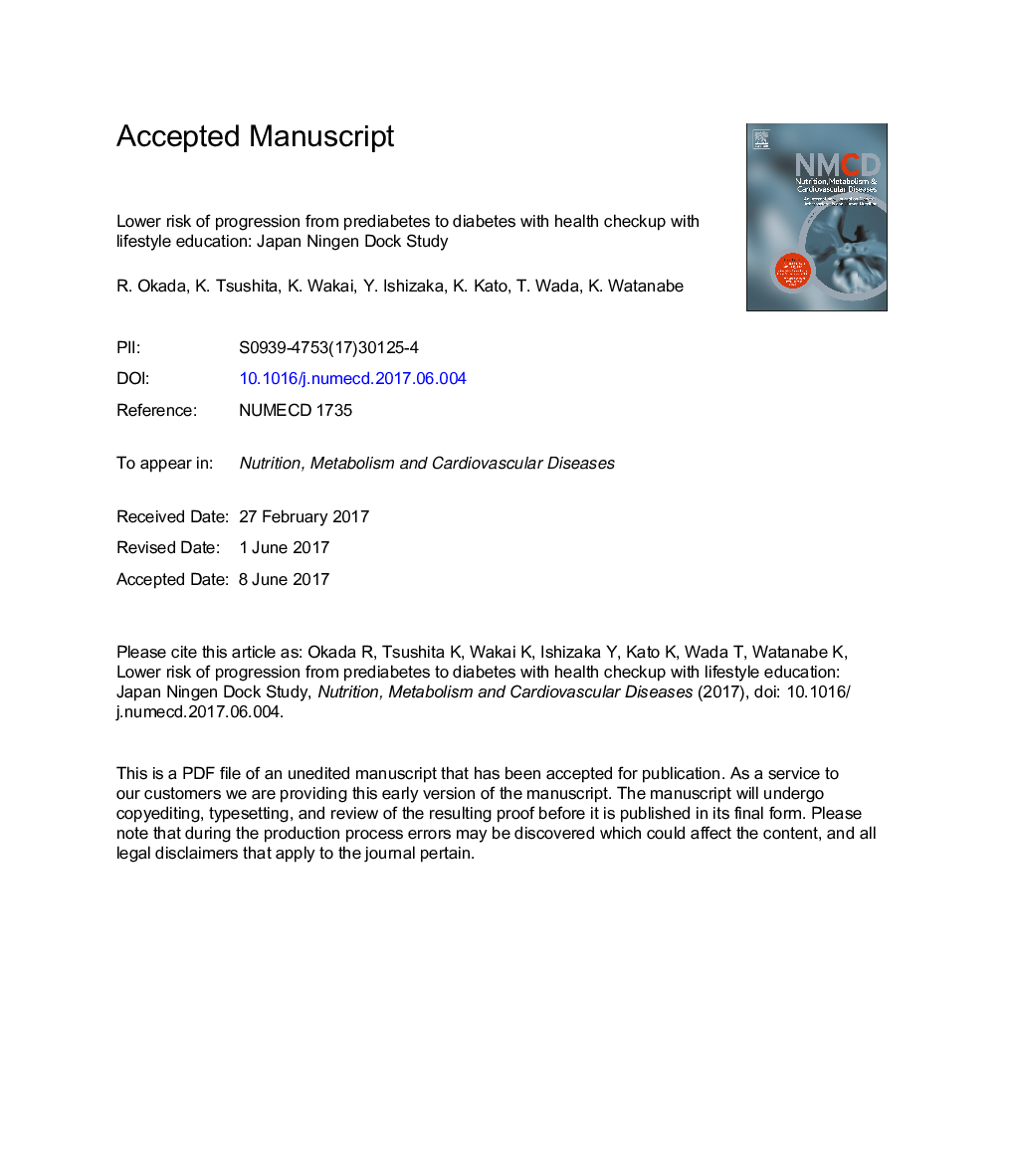Lower risk of progression from prediabetes to diabetes with health checkup with lifestyle education: Japan Ningen Dock study