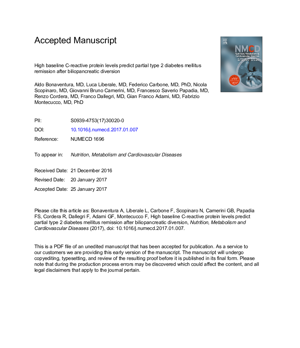 High baseline C-reactive protein levels predict partial type 2 diabetes mellitus remission after biliopancreatic diversion