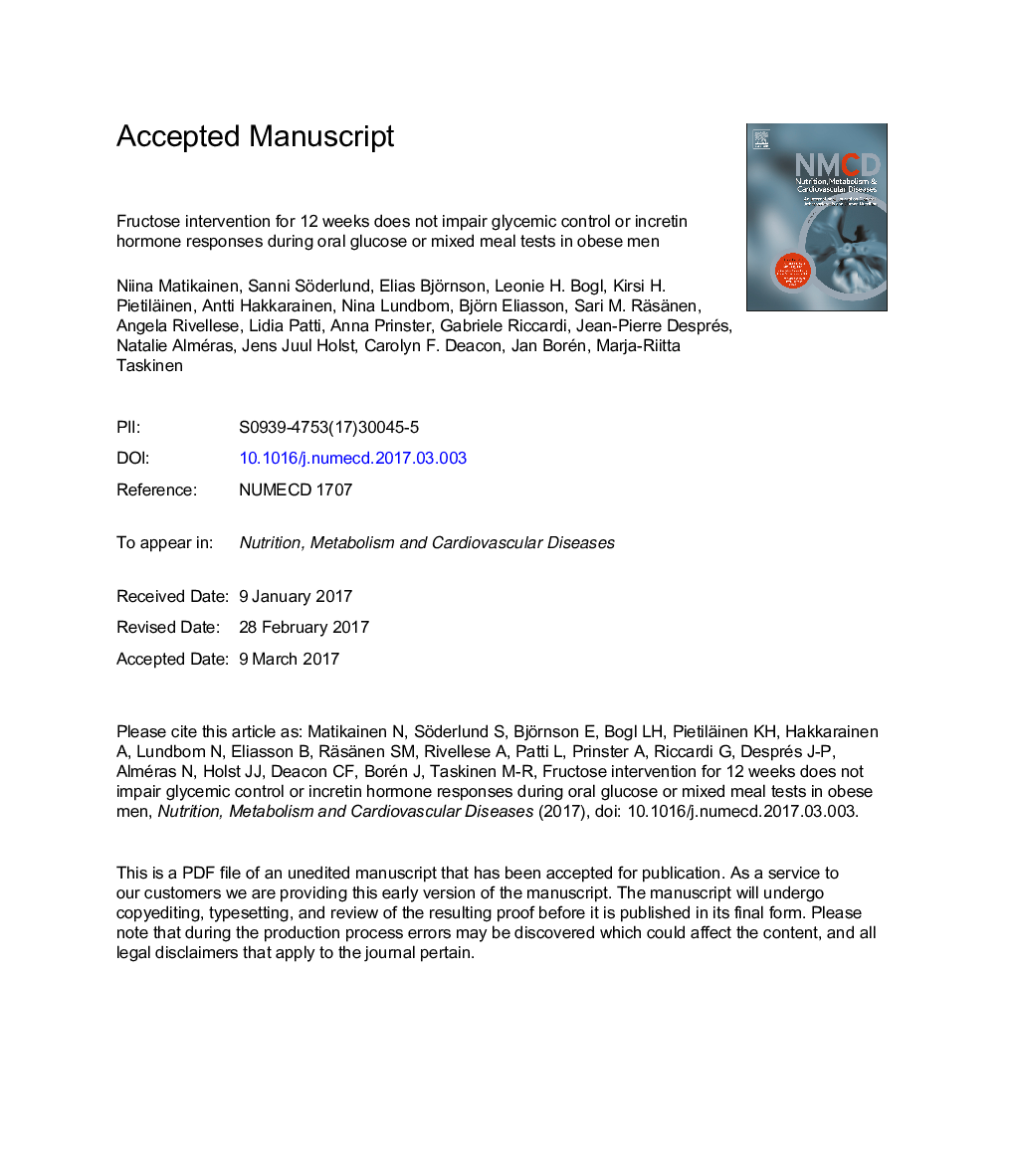 Fructose intervention for 12 weeks does not impair glycemic control or incretin hormone responses during oral glucose or mixed meal tests in obese men