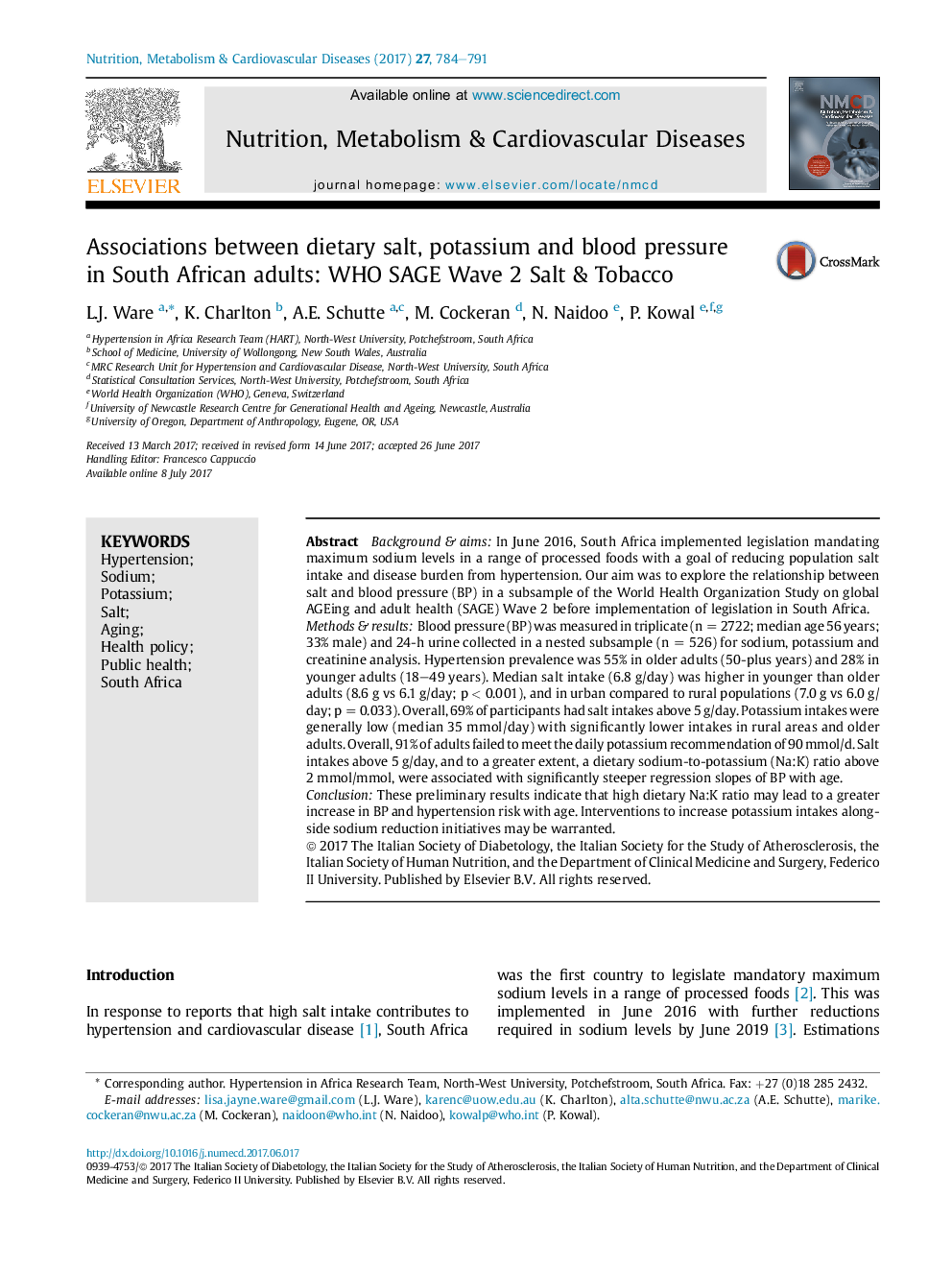 Associations between dietary salt, potassium and blood pressure inÂ South African adults: WHO SAGE Wave 2 Salt & Tobacco