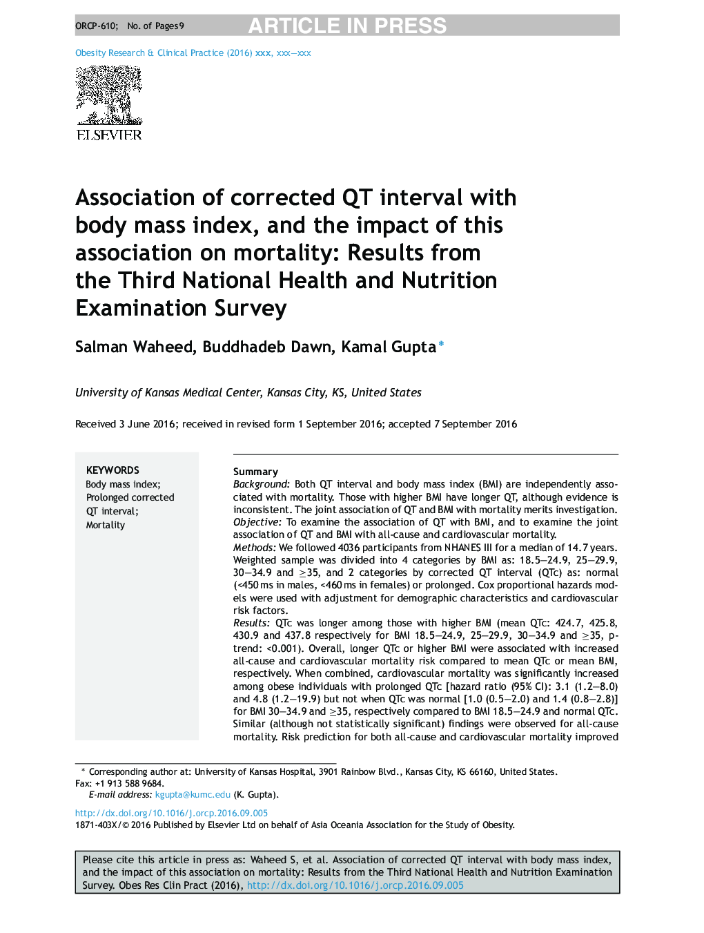Association of corrected QT interval with body mass index, and the impact of this association on mortality: Results from the Third National Health and Nutrition Examination Survey