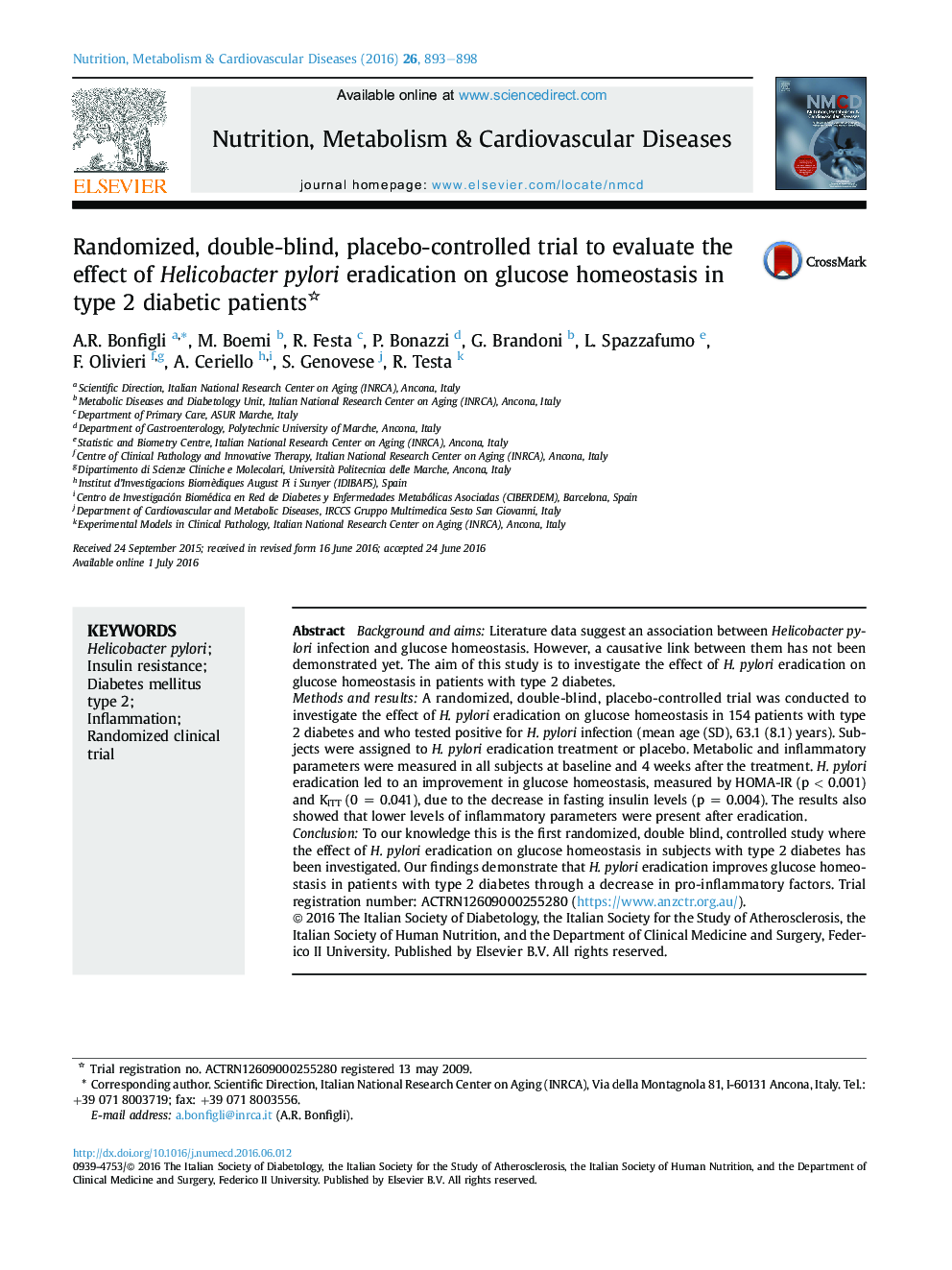 Randomized, double-blind, placebo-controlled trial to evaluate the effect of Helicobacter pylori eradication on glucose homeostasis in type 2 diabetic patients