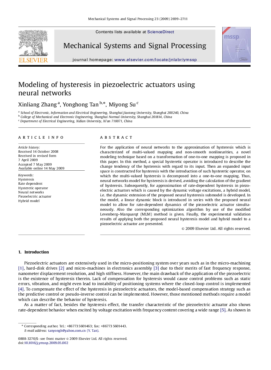 Modeling of hysteresis in piezoelectric actuators using neural networks