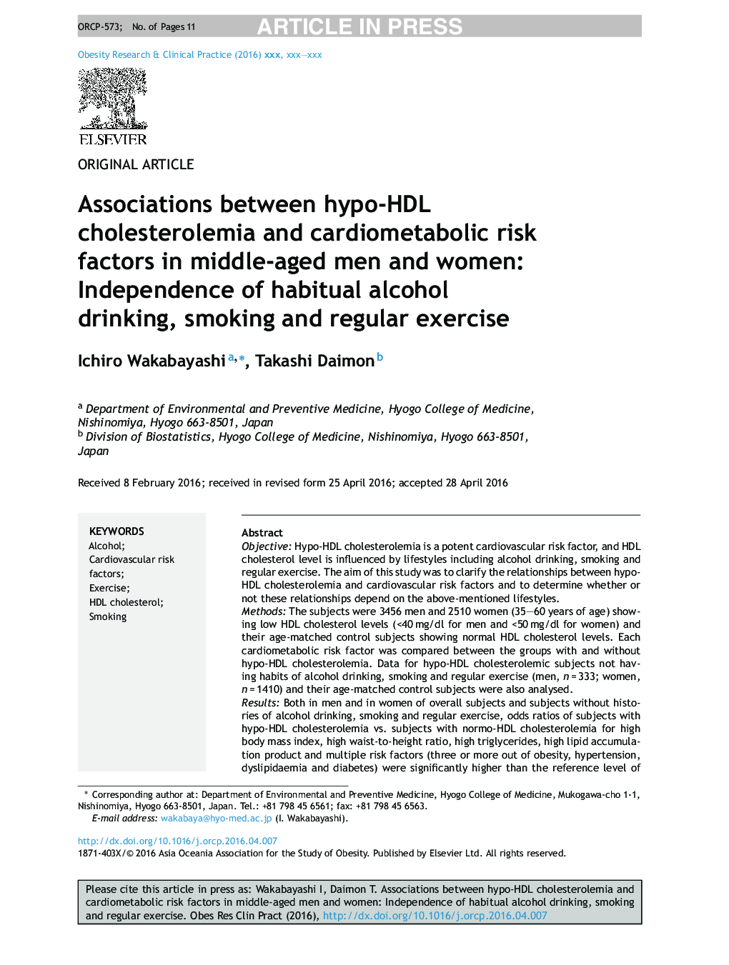 Associations between hypo-HDL cholesterolemia and cardiometabolic risk factors in middle-aged men and women: Independence of habitual alcohol drinking, smoking and regular exercise