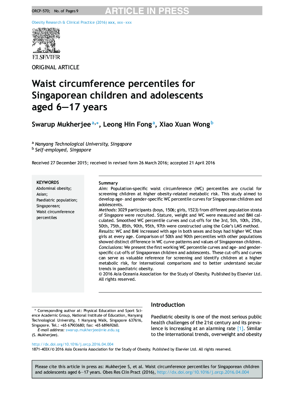 Waist circumference percentiles for Singaporean children and adolescents aged 6-17 years