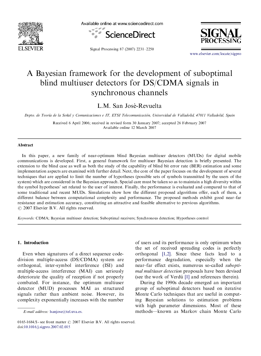 A Bayesian framework for the development of suboptimal blind multiuser detectors for DS/CDMA signals in synchronous channels