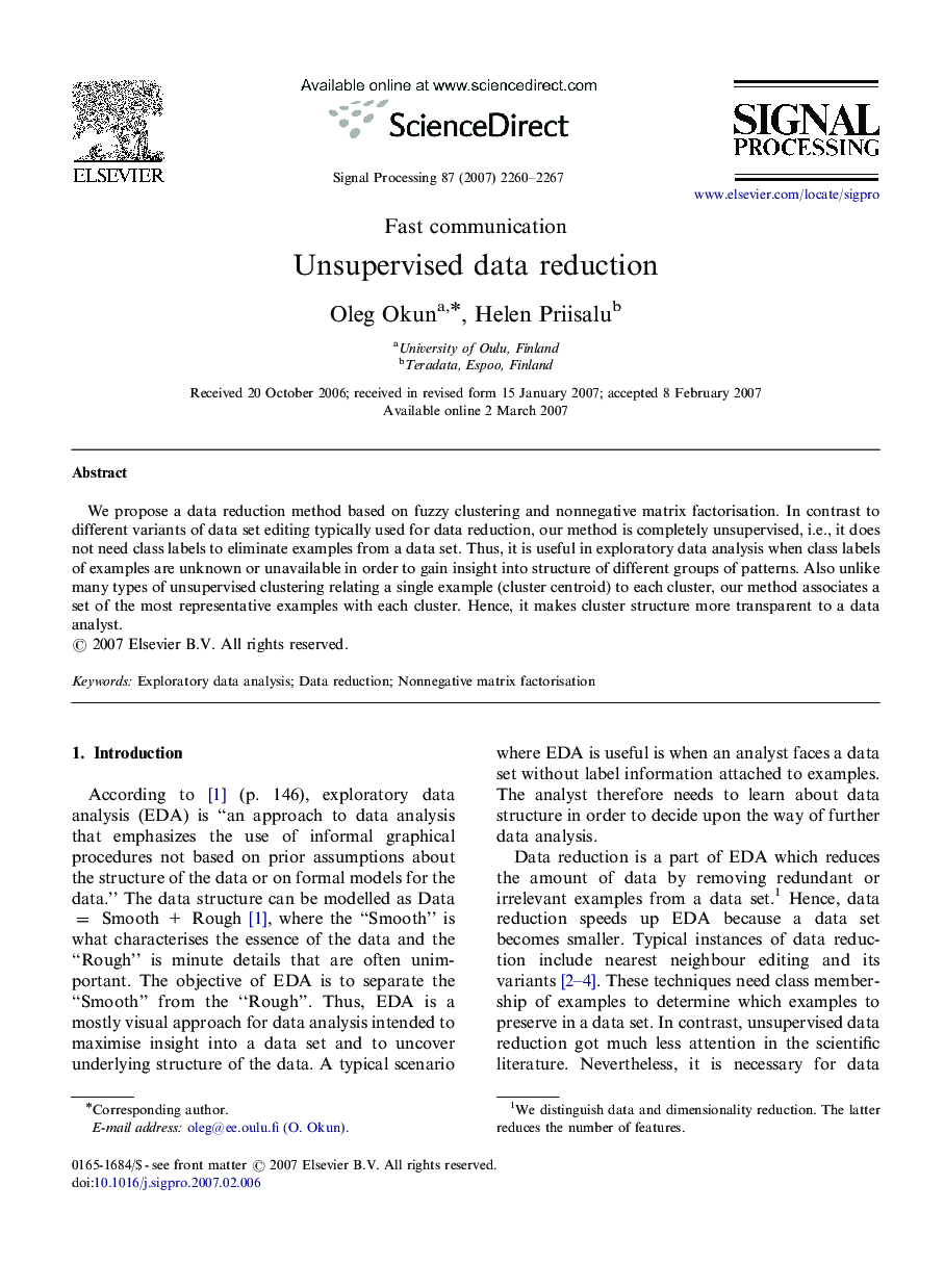 Unsupervised data reduction