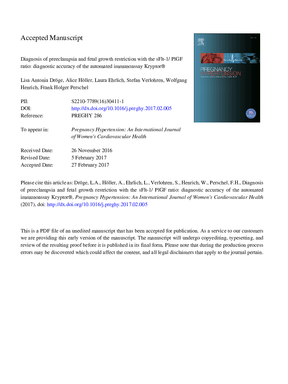 Diagnosis of preeclampsia and fetal growth restriction with the sFlt-1/PlGF ratio: Diagnostic accuracy of the automated immunoassay Kryptor®