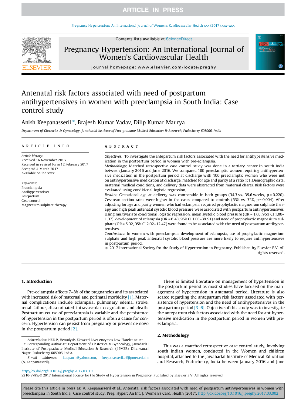 Antenatal risk factors associated with need of postpartum antihypertensives in women with preeclampsia in South India: Case control study