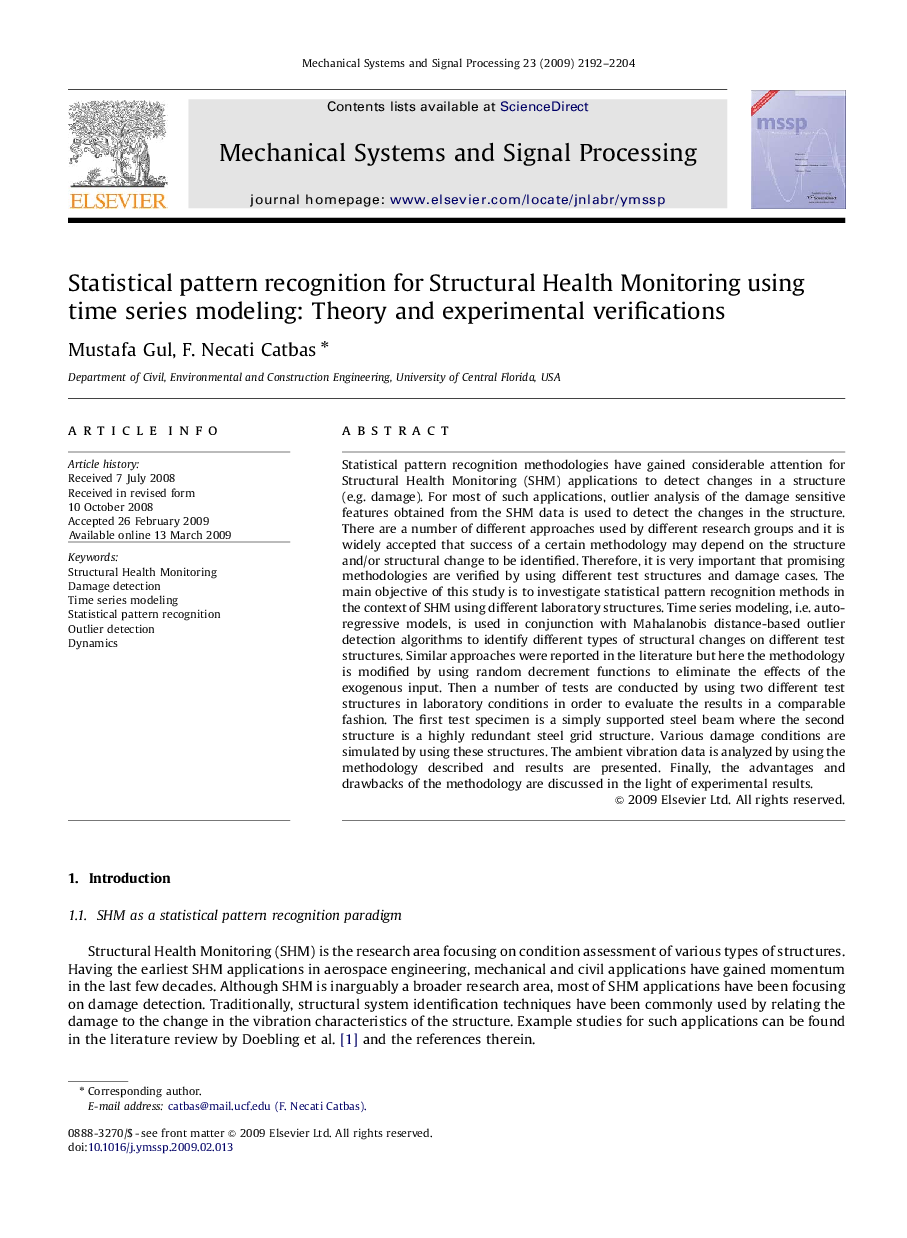 Statistical pattern recognition for Structural Health Monitoring using time series modeling: Theory and experimental verifications