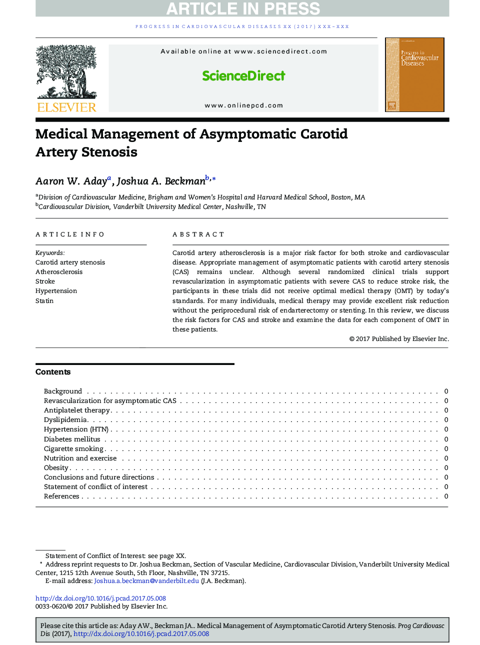 Medical Management of Asymptomatic Carotid Artery Stenosis