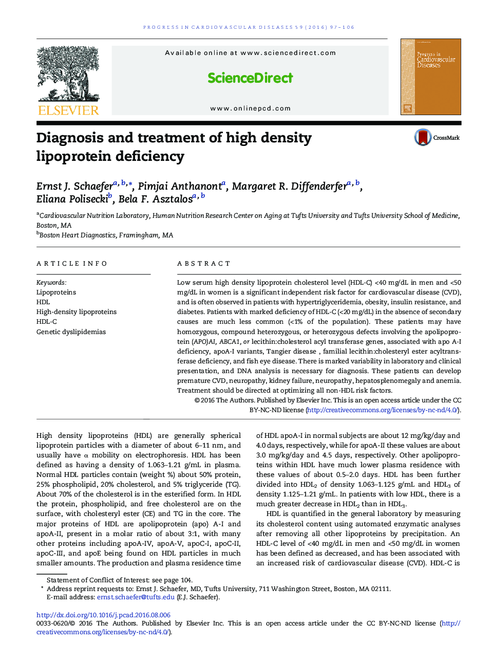 Diagnosis and treatment of high density lipoprotein deficiency