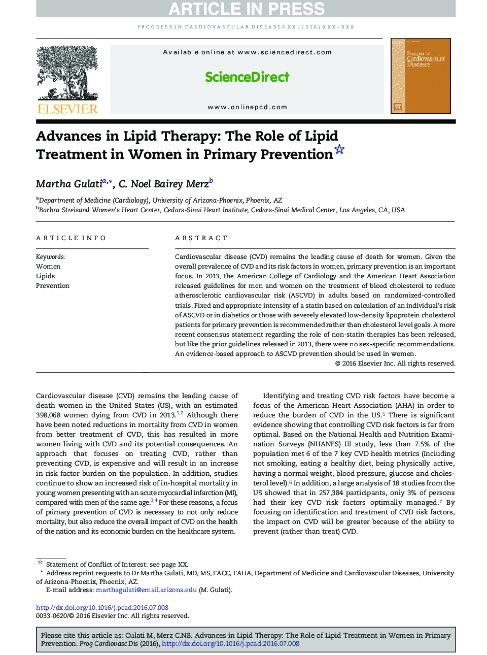 Advances in Lipid Therapy: The Role of Lipid Treatment in Women in Primary Prevention