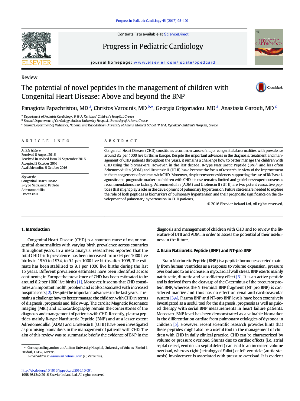 ReviewThe potential of novel peptides in the management of children with Congenital Heart Disease: Above and beyond the BNP